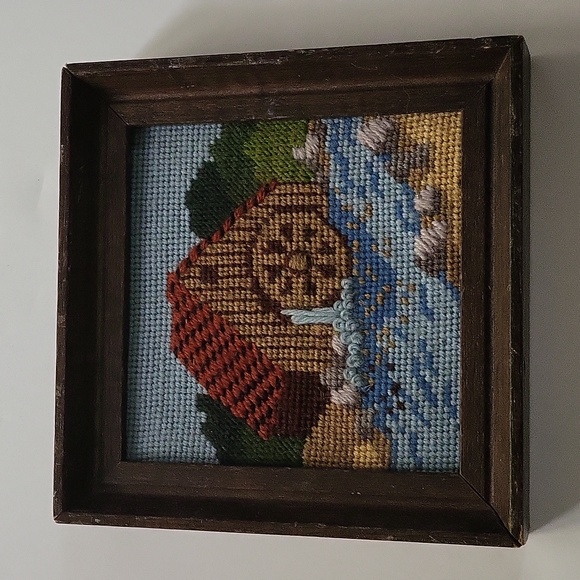 Other - Farmhouse With A Mill Waterwheel In A River Vintage Framed Needlework